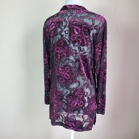 Vintage Women Size Med Petite Purple Velvet Floral Semi Sheer Long Sleeve Blouse - Picture 5 of 13